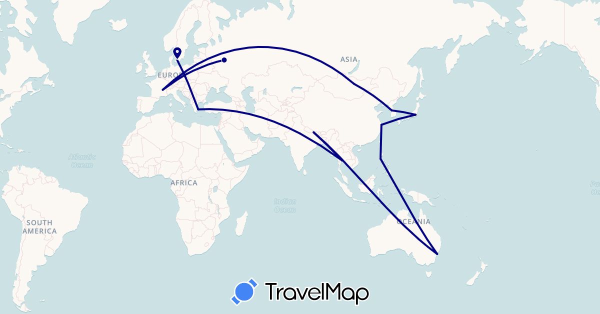 TravelMap itinerary: driving in Australia, Denmark, France, Greece, India, Japan, South Korea, Nepal, Thailand (Asia, Europe, Oceania)